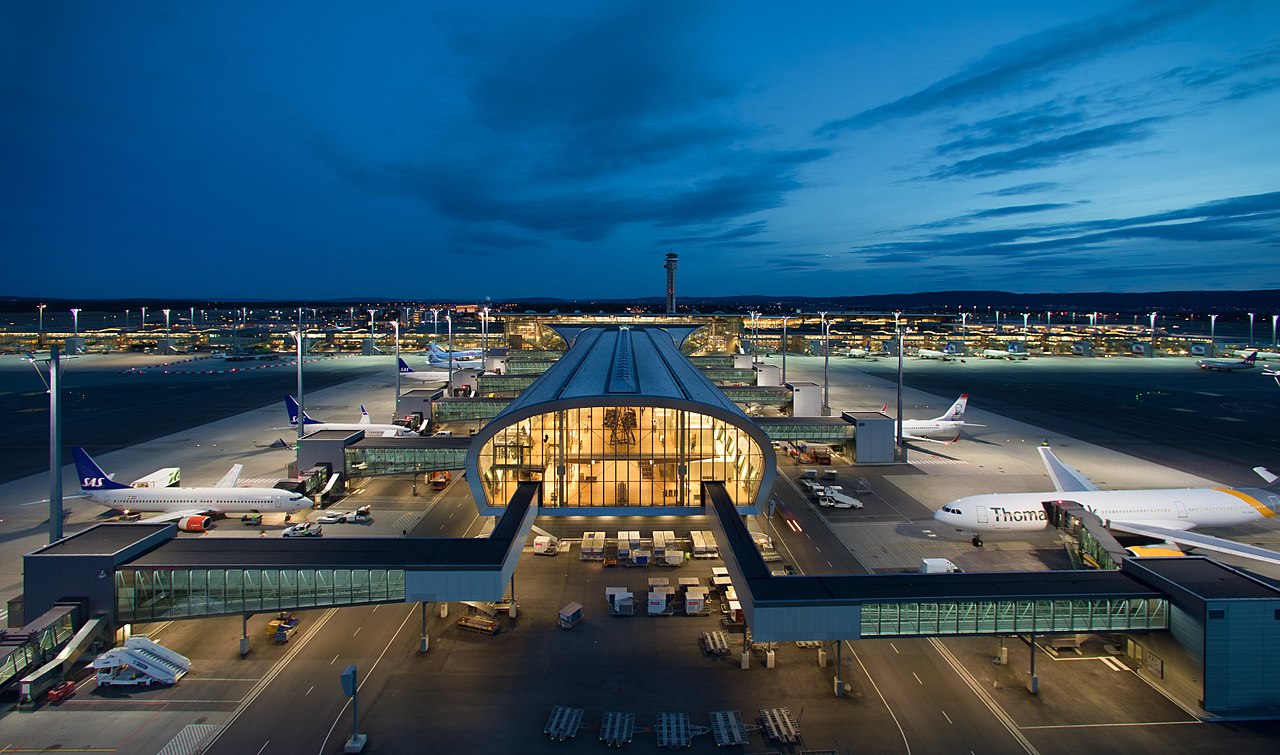 Oslo Airport Gardermoen terminal at night