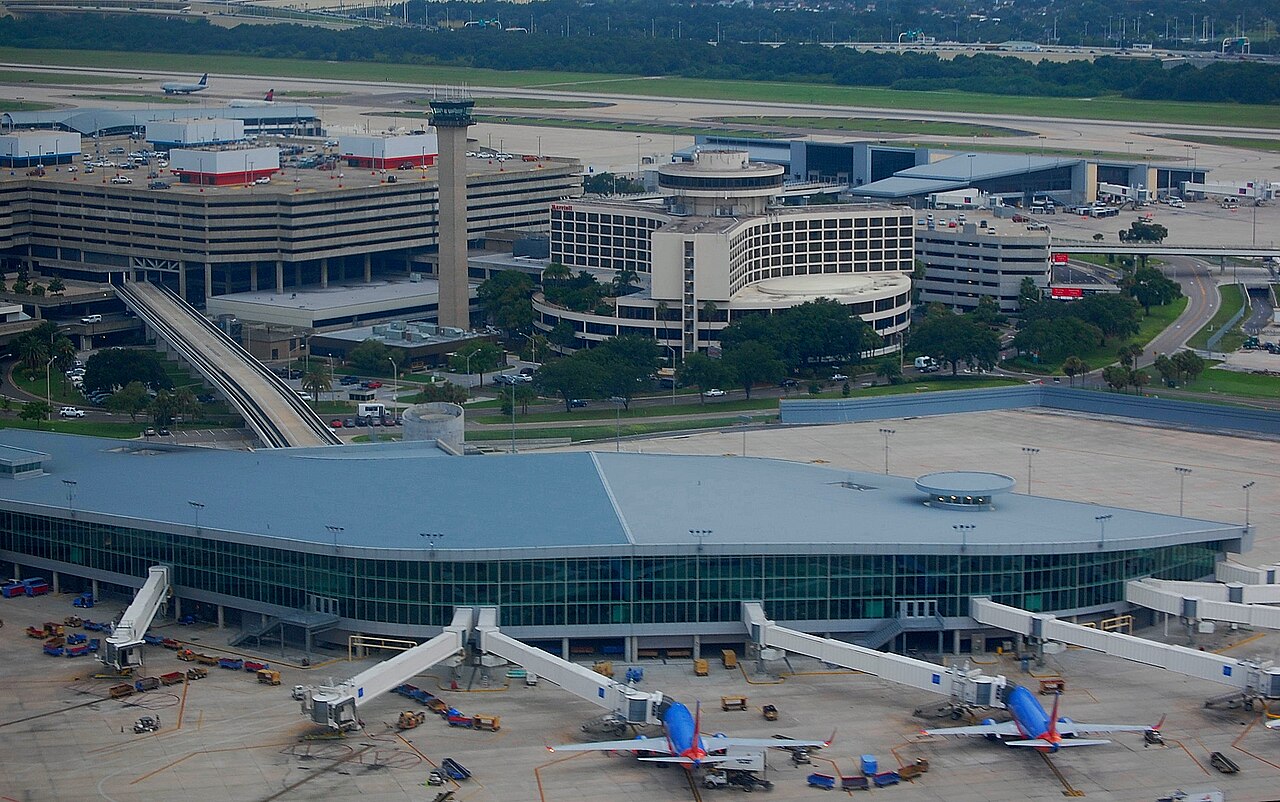 Aerial view of Tampa International Airport main terminal and airsides