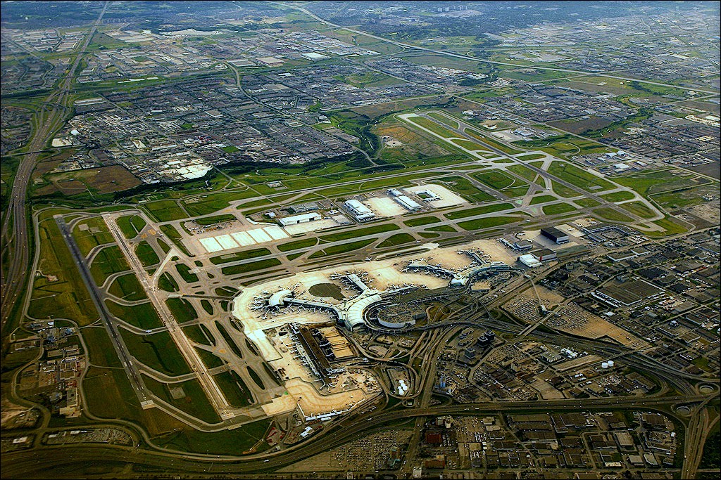 Toronto Pearson International Airport terminals and runways from the air
